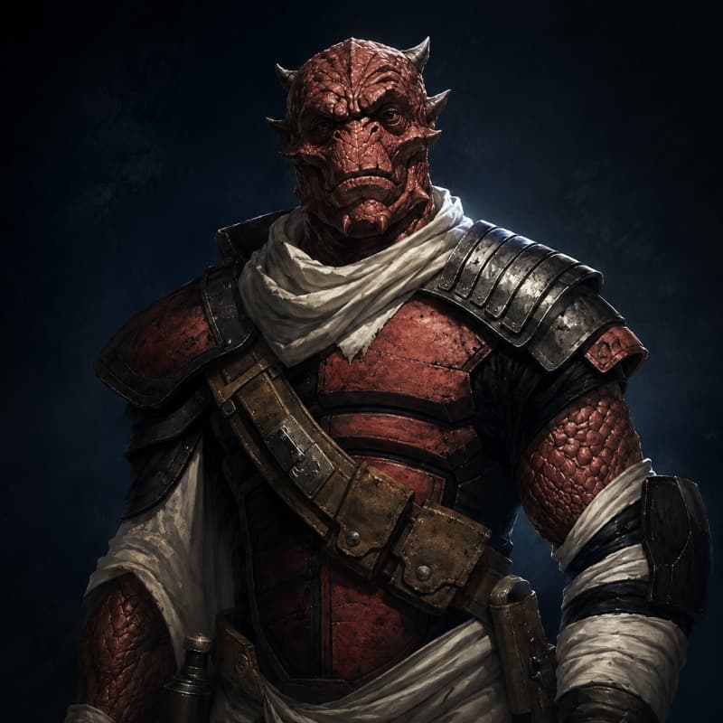 The soldier — a red Nikto in battered armor