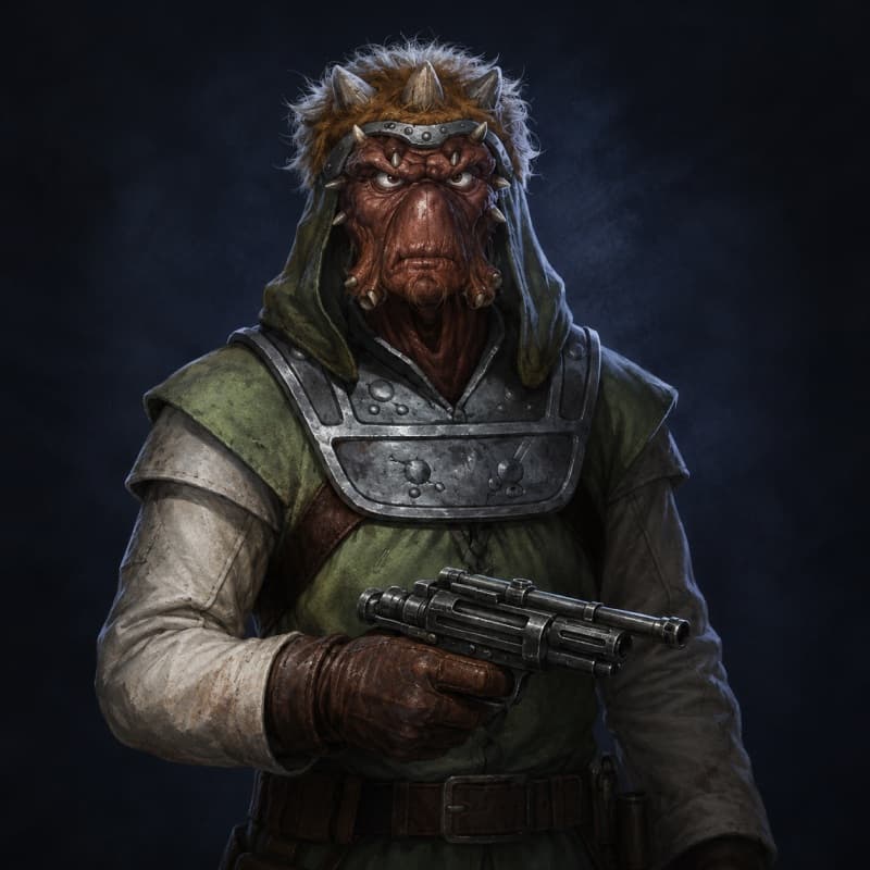 The bounty hunter — hooded, with a heavy blaster