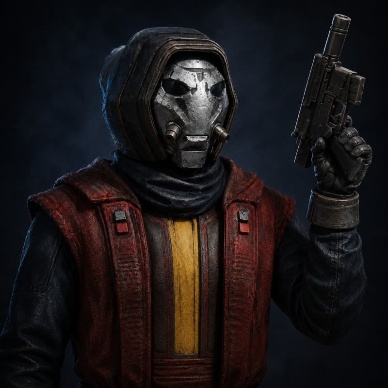The gun — a masked operator, blaster drawn