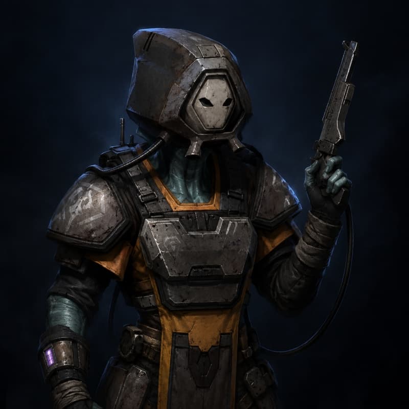 The soldier — armored, masked, carbine up