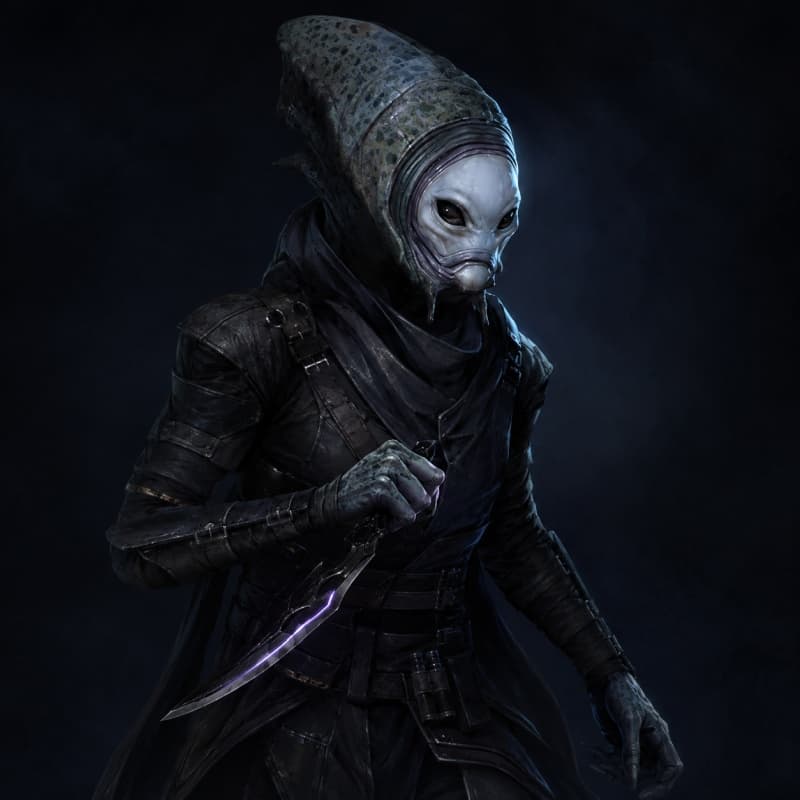 The blade — an assassin and a glowing vibroknife