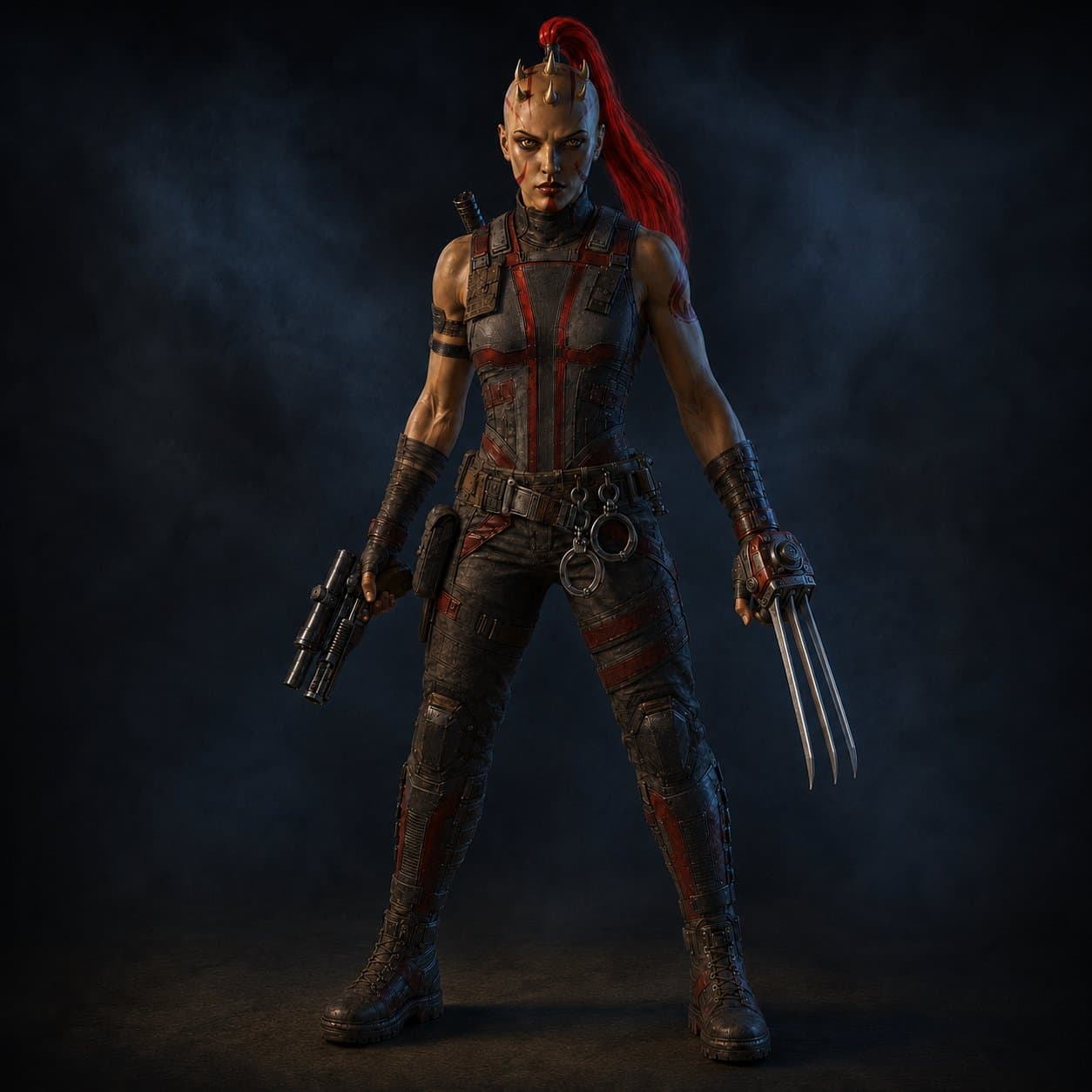 Tactical mesh, binder cuffs, and a claw she wears on the fist