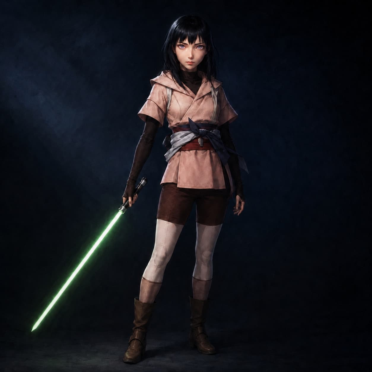 Her blade lights green — the color of the heart that ignites it