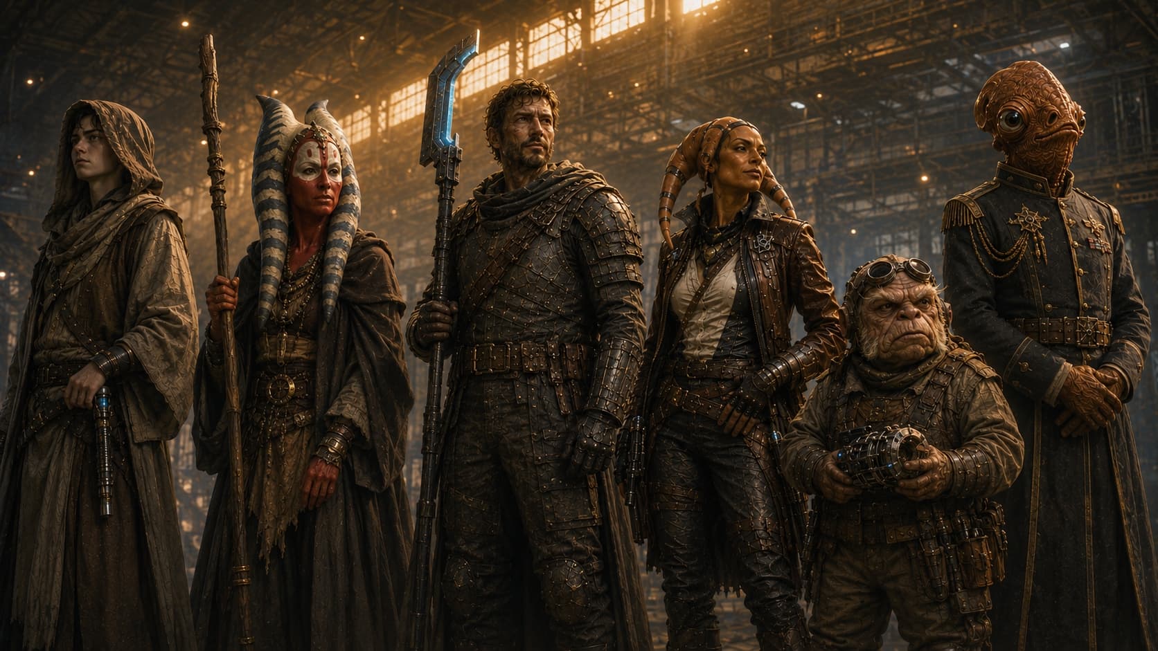 Six diverse character archetypes — a hooded mystic, alien shaman with staff, armored soldier, gunslinger, tech-engineer, and noble officer — standing together in a warmly-lit hangar bay.