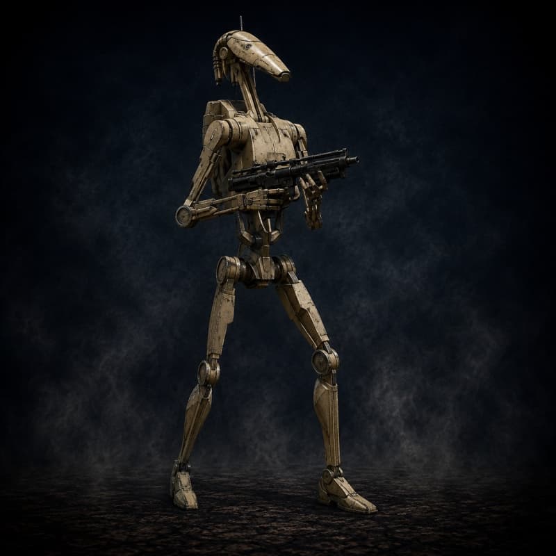 B1 Battle Droid — Droid stat-block portrait for the Star Wars Universe RPG, Threat Rating 0.5