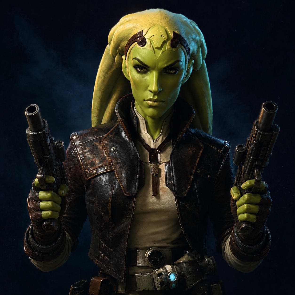 Guild Gunslinger — Humanoid stat-block portrait for the Star Wars Universe RPG, Threat Rating 5