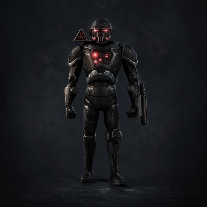 Dark Trooper Phase II — Droid stat-block portrait for the Star Wars Universe RPG, Threat Rating 6