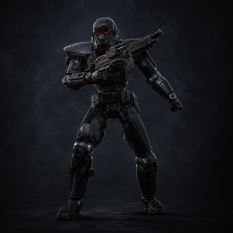 Dark Trooper Phase III — Droid stat-block portrait for the Star Wars Universe RPG, Threat Rating 8