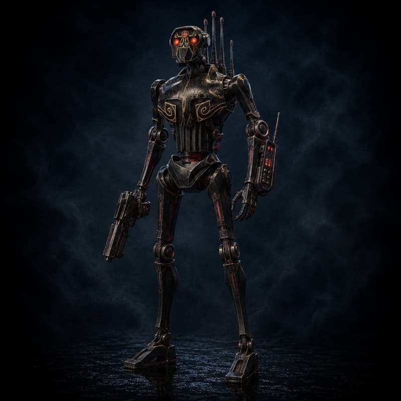 Gotra Overlord — Droid stat-block portrait for the Star Wars Universe RPG, Threat Rating 5