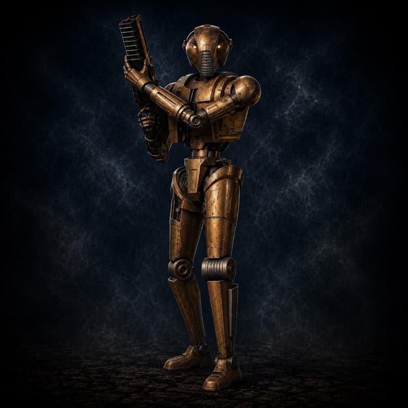 HK-Series Hunter — Droid stat-block portrait for the Star Wars Universe RPG, Threat Rating 5