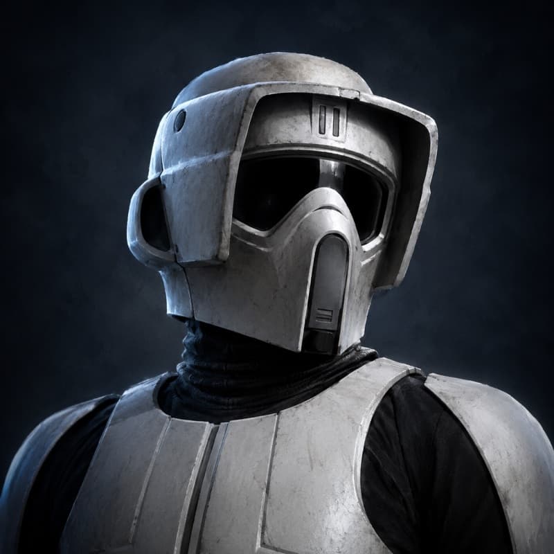 Scout Trooper — Humanoid stat-block portrait for the Star Wars Universe RPG, Threat Rating 0.5