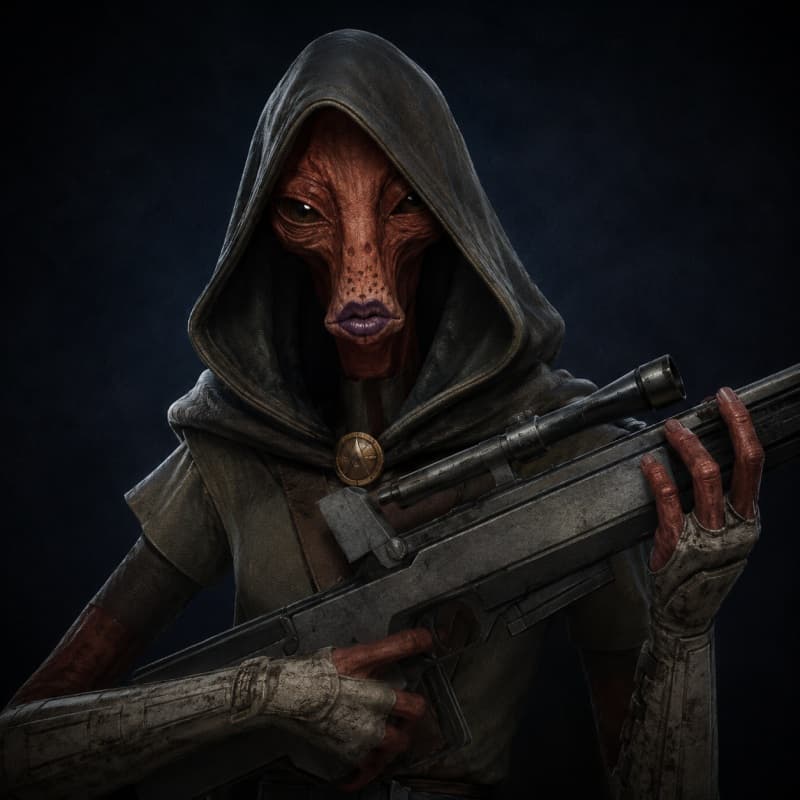 Underworld Sniper — Humanoid stat-block portrait for the Star Wars Universe RPG, Threat Rating 2