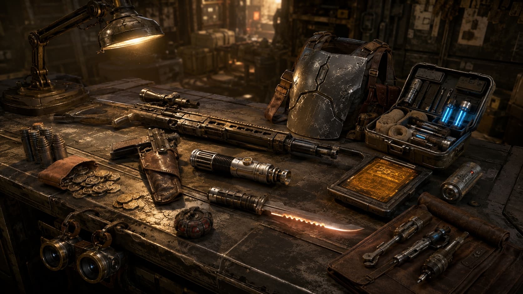 A quartermaster's workbench laid out with blaster rifle, lightsaber hilts, vibroblade, beskar chestplate, open medpac with bacta vials, datapad, comlink, tool roll, power cells, credit chits, and macrobinoculars under a warm overhead lamp.