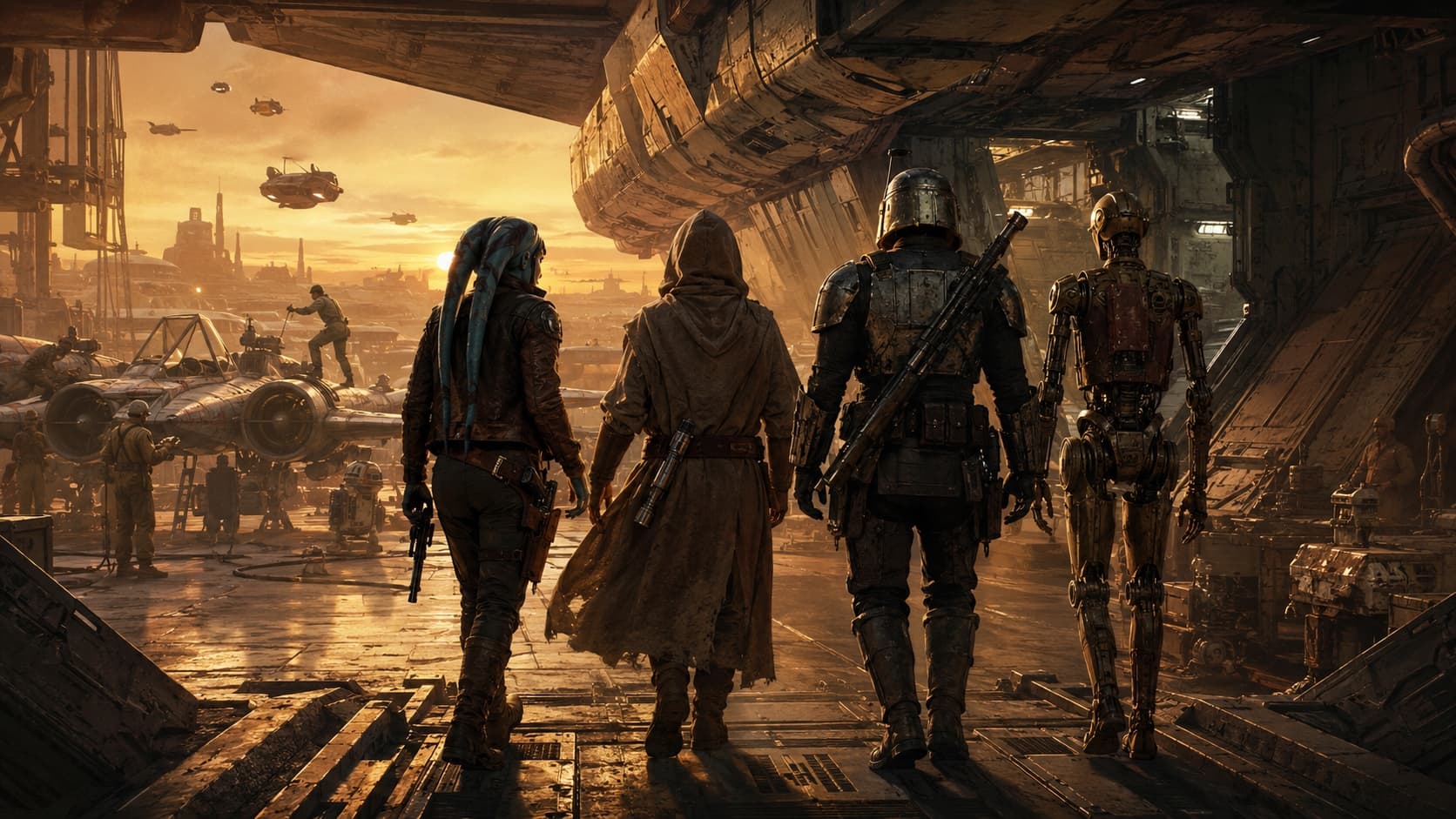 Adventuring party of four — alien smuggler, robed Force user, armored mercenary, and protocol droid — standing on a starship ramp in a busy spaceport at sunset.