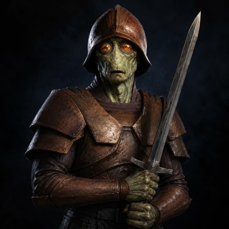 The knight — plate, helm, and a two-handed blade
