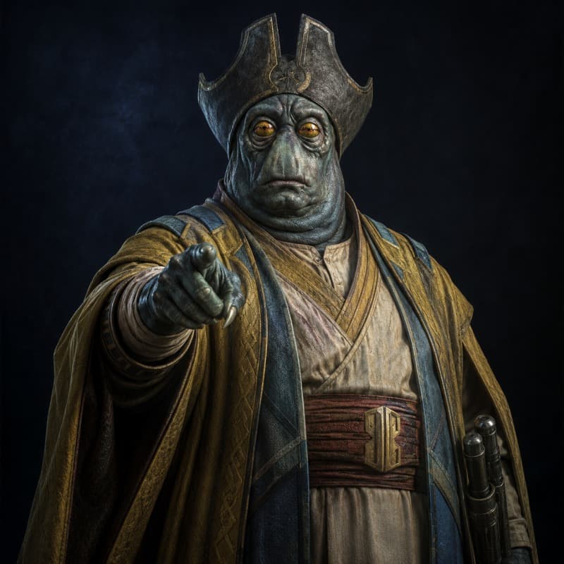 The aristocrat — senatorial robes and a pointing, imperious hand