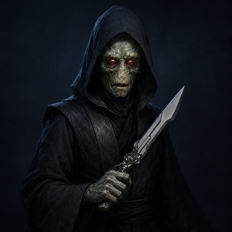The shadow — a hooded assassin and an ornate dagger