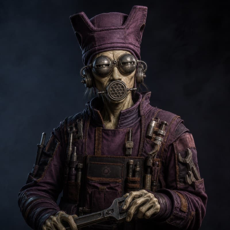 The maker — goggles, breath-mask, and a belt heavy with tools