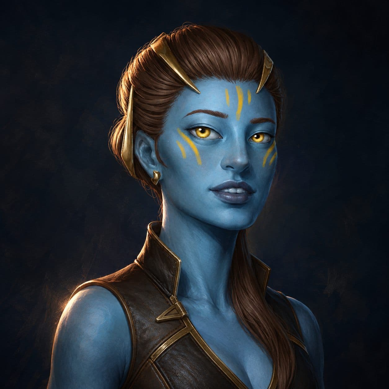 Blue skin, gold eyes, and painted markings
