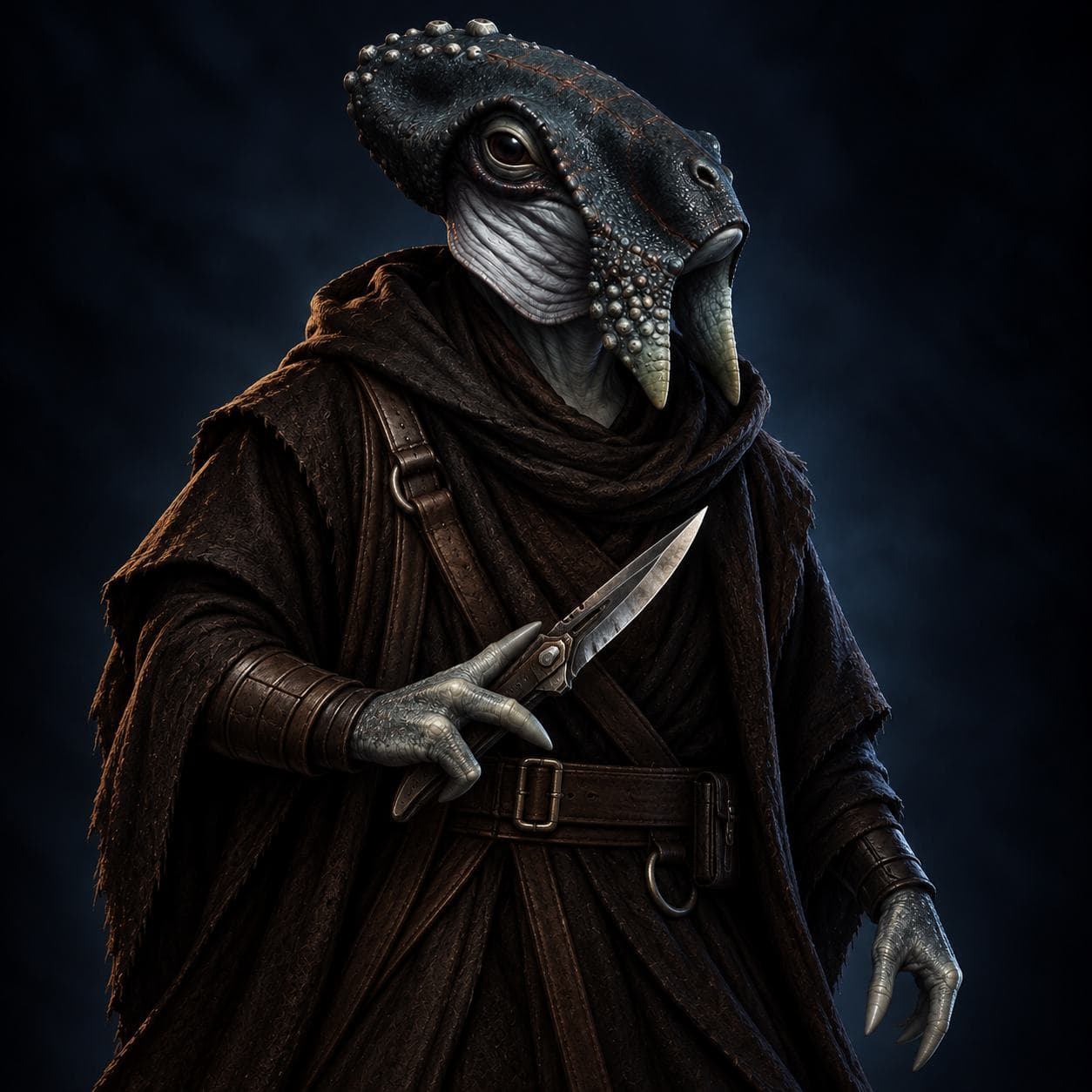 A robed Selkath with a blade and claws unsheathed