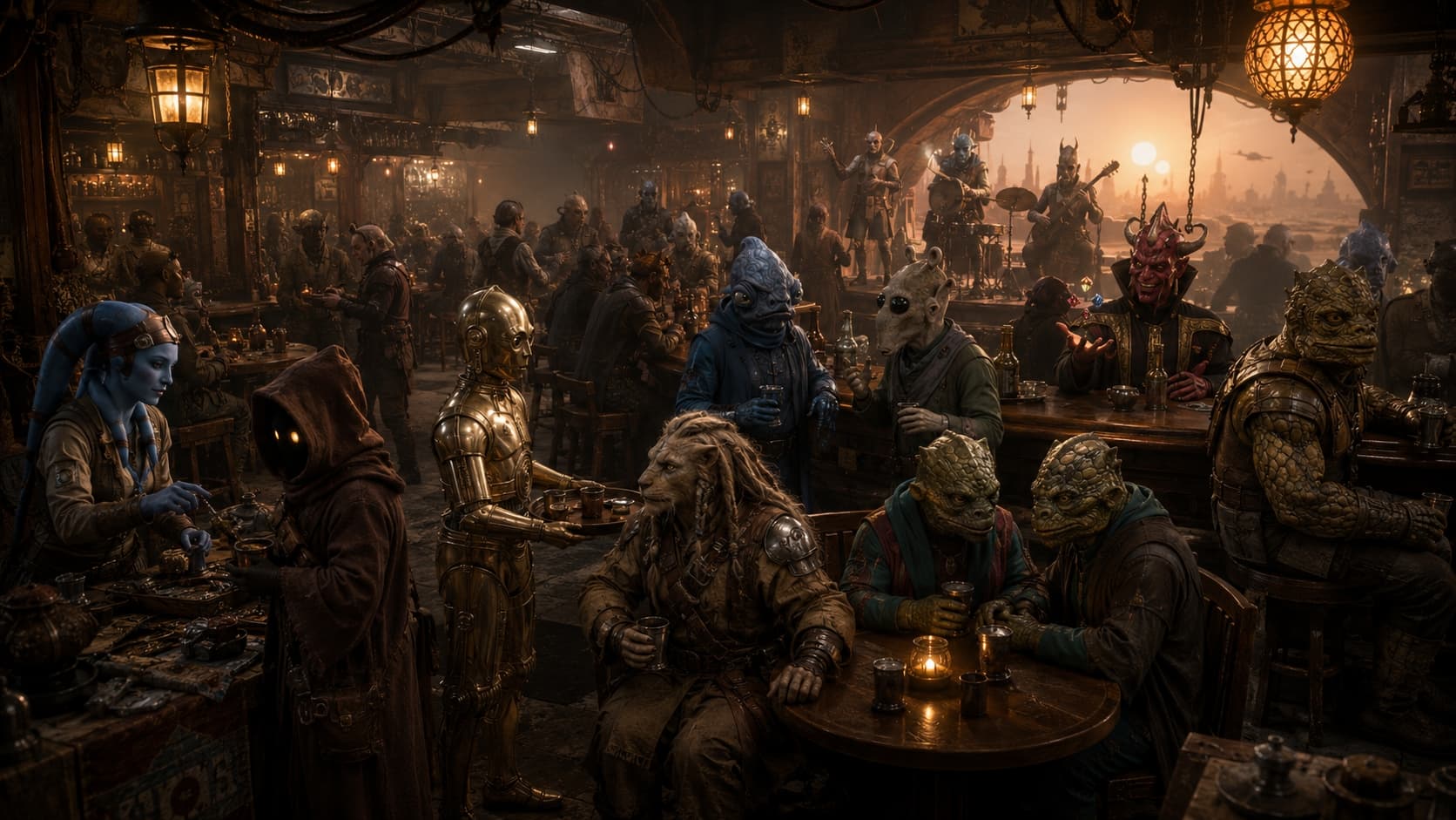 A crowded alien cantina at sunset — Twi'lek, Trandoshan, Rodian, Mon Calamari, droid, and many other species sharing drinks and conversation under warm amber lanterns.