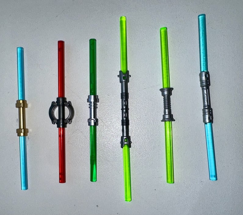Several double-bladed lightsabers in different styles
