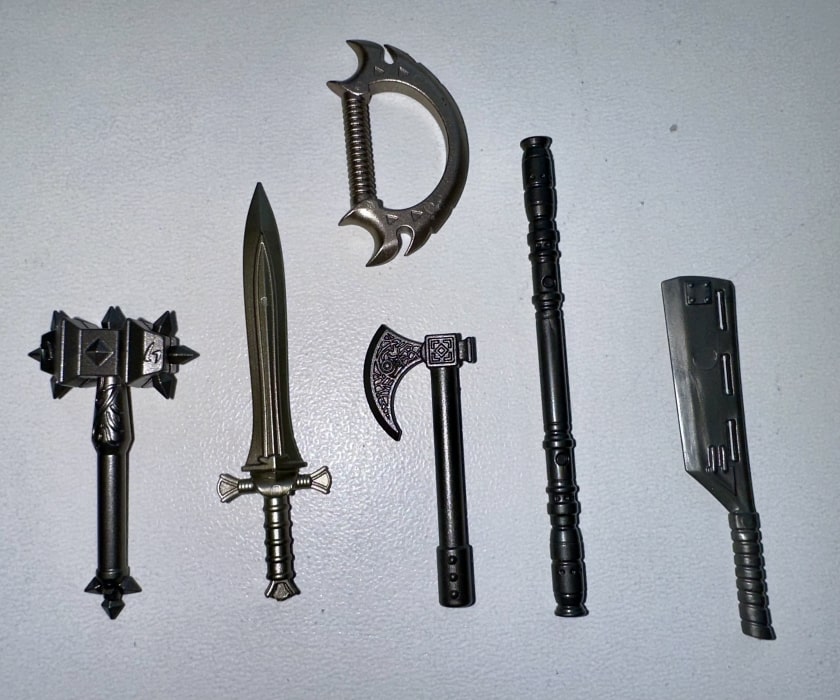 Various simple melee weapons including batons, clubs, and improvised tools