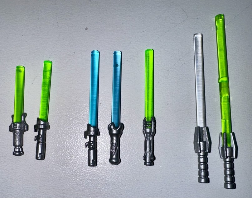 LEGO lightsabers sized from short blade to great-saber